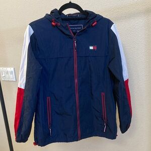 Tommy Hilfiger Men's Blue Windbreaker with Red and White Accents